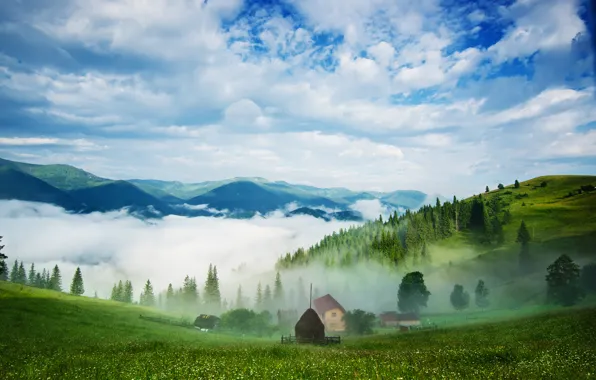 Картинка небо, трава, облака, пейзаж, природа, mountains