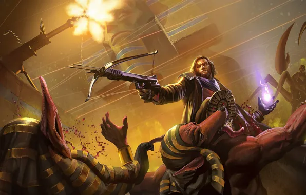 Воин, монстры, мужчина, скорпион, арбалет, Project Warlock