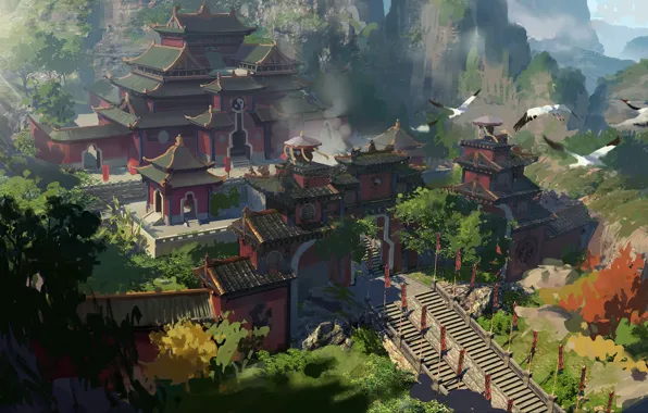 Картинка горы, птицы, арт, лестница, храм, нарисованный пейзаж