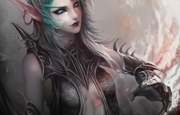 Картинка девушка, арт, World of Warcraft, эльфийка, серьга