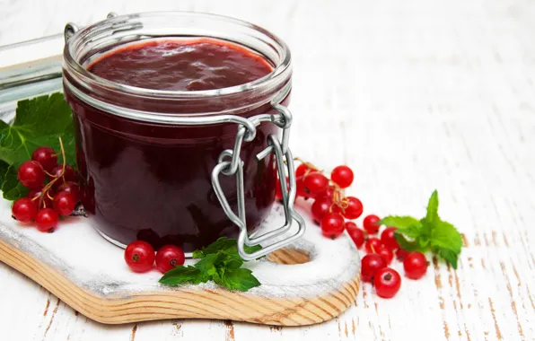 Листья, ягоды, банка, смородина, джем