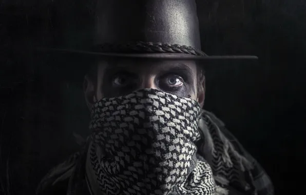 Взгляд, человек, портрет, шляпа, маска, бандит