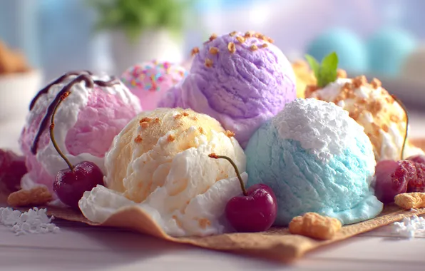 Шарики, вишня, ягоды, стол, мороженое, разноцветное, десерт, черешня