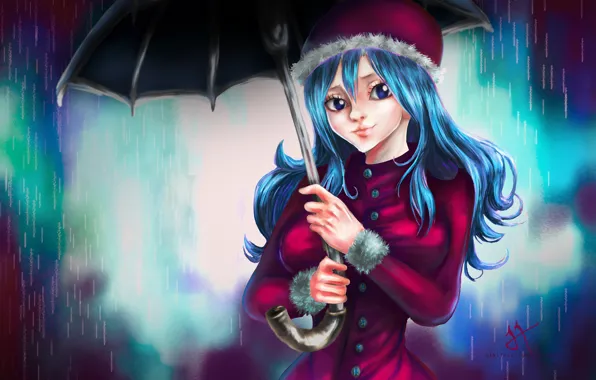 Девушка, дождь, зонт, Juvia Loxar, FAIRY TAIL