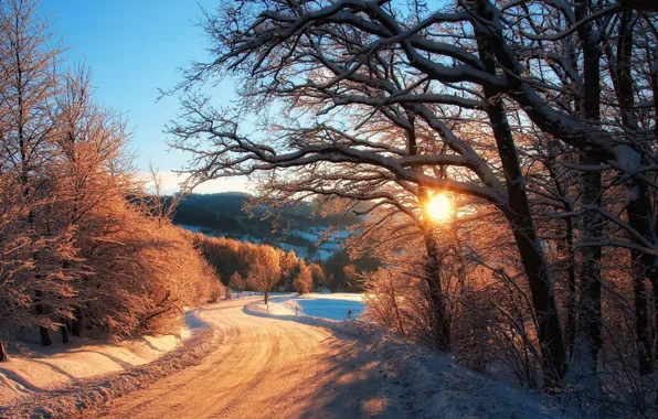 Картинка зима, дорога, лес, небо, солнце, снег, деревья, природа