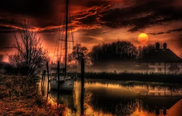 Пейзаж, природа, дом, река, луна, вечер, яхта, hdr