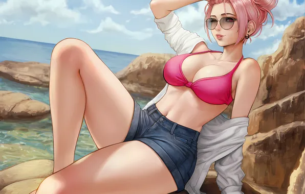 Girl, sexy, cleavage, beach, shorts, sky, legs, sea
