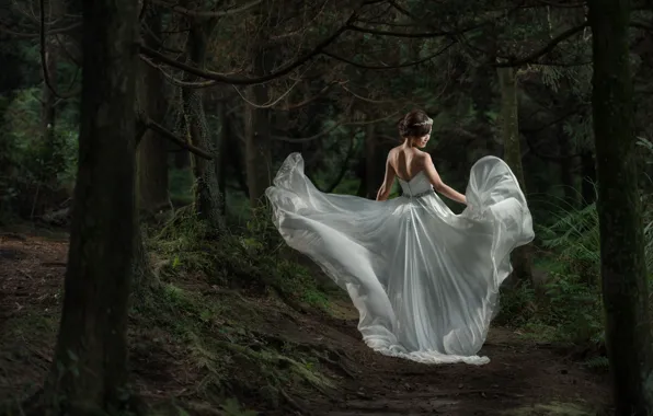 Картинка лес, платье, азиатка, невеста, свадебное платье