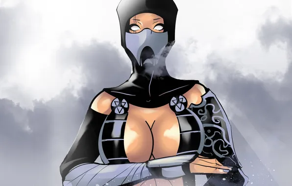 Грудь, девушка, маска, ниндзя, mortal kombat, sub zero, fan art