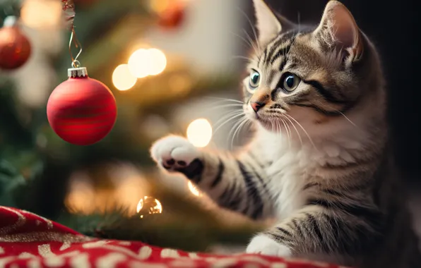 Кошка, взгляд, ветки, красный, огни, поза, интерес, котенок