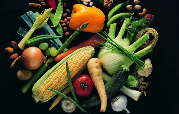 Кукуруза, орехи, овощи, сельдерей, спаржа
