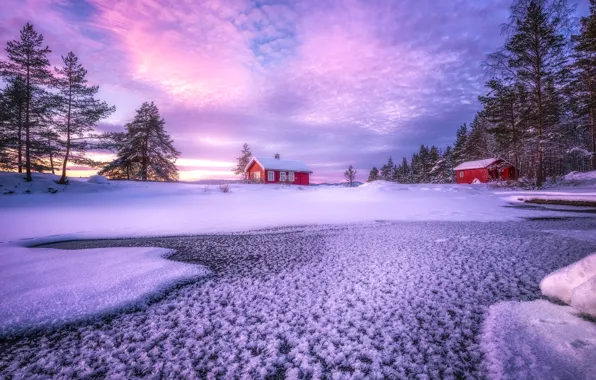 Картинка зима, облака, снег, деревья, озеро, дома, Норвегия, Norway