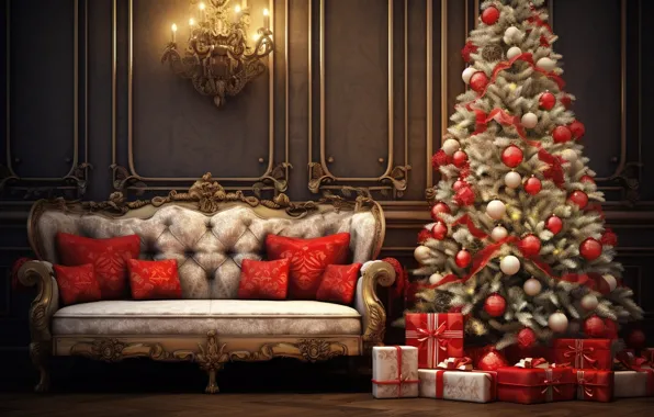 Картинка украшения, диван, шары, елка, Новый Год, Рождество, подарки, new year