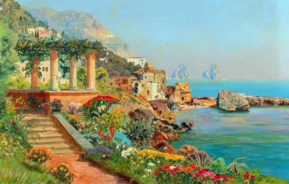 Цветы, Вода, Дома, Картина, Побережье, Alois Arnegger, Капри, Алоис Арнеггер