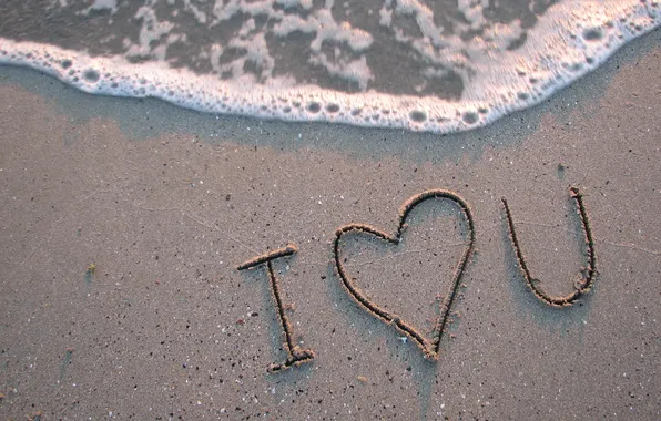Картинка море, пена, любовь, надпись, волна, Песок, признание