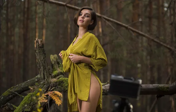 Brunette, Dakota A, Bottomless, Totally Shaved, in Forest, Wearing Dress, with Natural Toenails