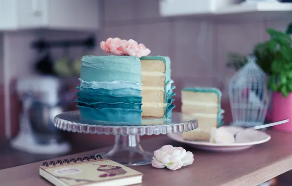 Голубой, роза, тарелка, торт, украшение, десерт, выпечка, кусок торта