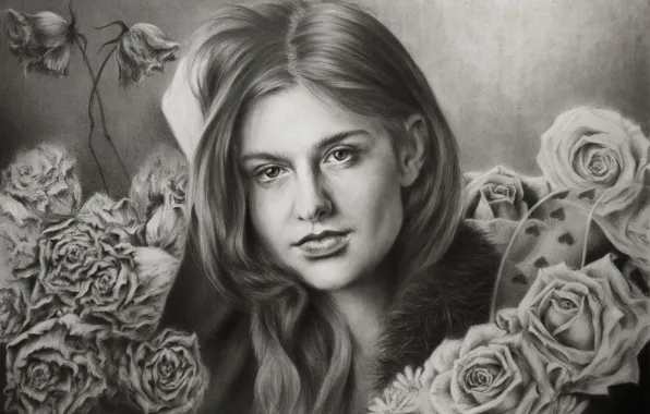 Девушка, рисунок, портрет, розы, Chloe Moretz