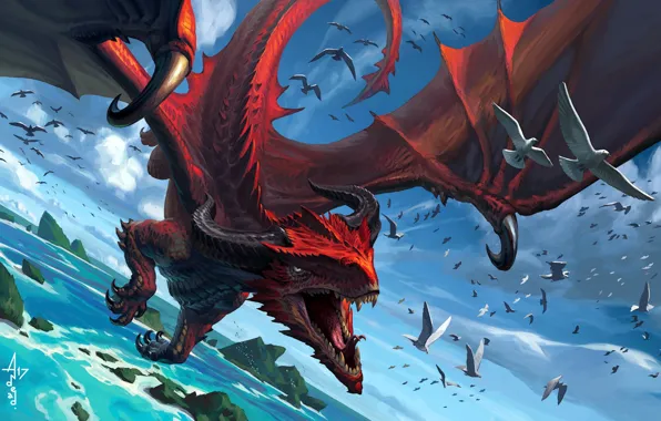 Картинка fantasy, Dragon, horns, sea, flying, wings, rocks, birds