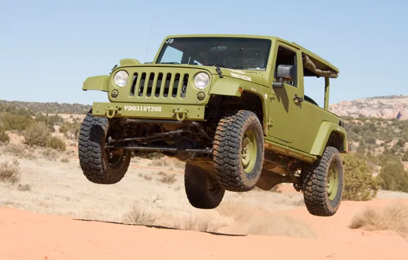 Джип, внедорожник, USA, летит, армейский, Wrangler, Jeep, двухдверная версия