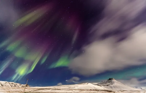 Картинка небо, звезды, облака, горы, северное сияние, Норвегия, панорама