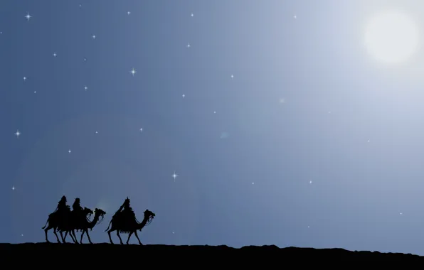 Картинка дорога, путь, звезда, рождество, подарки, верблюды, Путешествие, дары