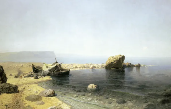 Картинка пейзаж, туман, камни, прозрачная вода, лодка, масло, холст, Руфин Судковский