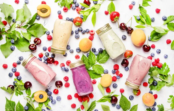 Вишня, ягоды, малина, баночки, йогурт, Smoothie