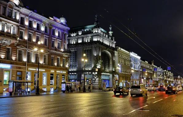 Дорога, свет, машины, ночь, город, огни, движение, улица