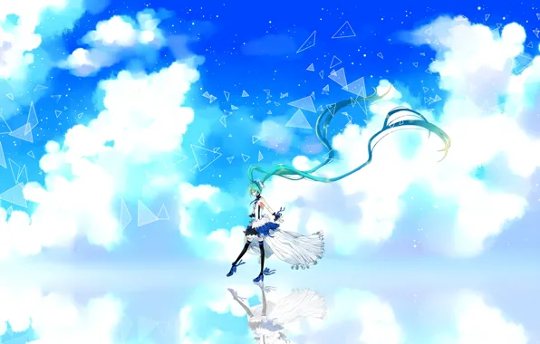 Картинка небо, девушка, облака, улыбка, отражение, арт, vocaloid, hatsune miku
