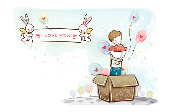 Шарики, коробка, сердце, рисунок, букет, мальчик, зайцы, love