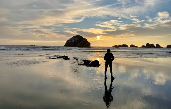 Dark, beach, sea, sand, outdoors, mountain view