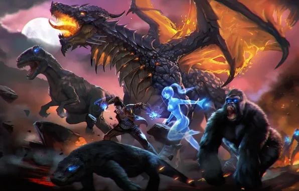 Дракон, динозавр, горилла, art, dinosaur