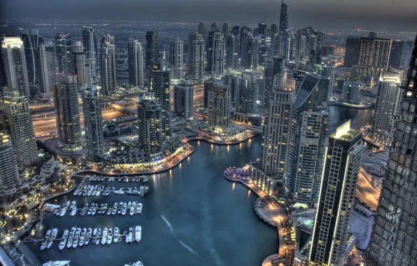 Здания, яхты, залив, Дубай, ночной город, Dubai, небоскрёбы, гавань