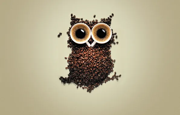 Картинка сова, кофе, зерна, кружки