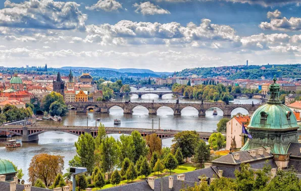 Река, дома, Прага, Чехия, панорама, мосты