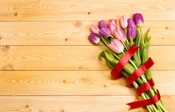 Цветы, букет, лента, тюльпаны, love, розовые, wood, pink