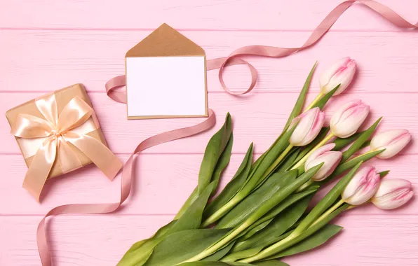 Картинка цветы, подарок, букет, тюльпаны, розовые, wood, pink, flowers