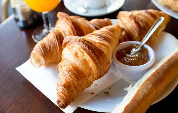 Завтрак, выпечка, джем, круассаны, croissant, breakfast