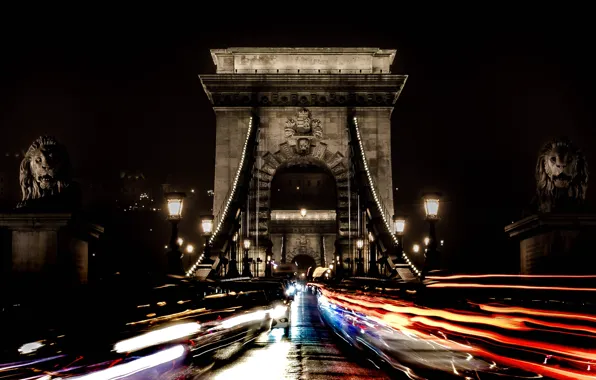 Ночь, огни, лев, опора, Венгрия, Будапешт, Цепной мост