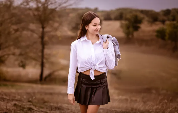 Осень, девушка, природа, поза, улыбка, фото, модель, юбка