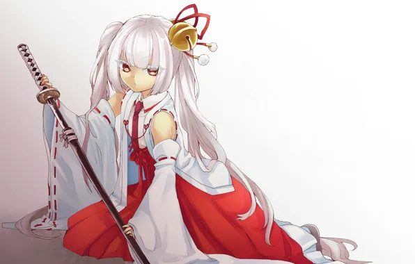 Girl, sword, anime, red eyes, katana, ken, window, blade