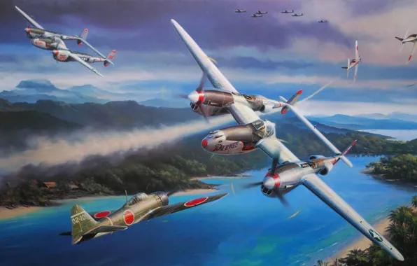 Война, рисунок, Lockheed P-38 Lightning, океания, Nicolas Trudgia