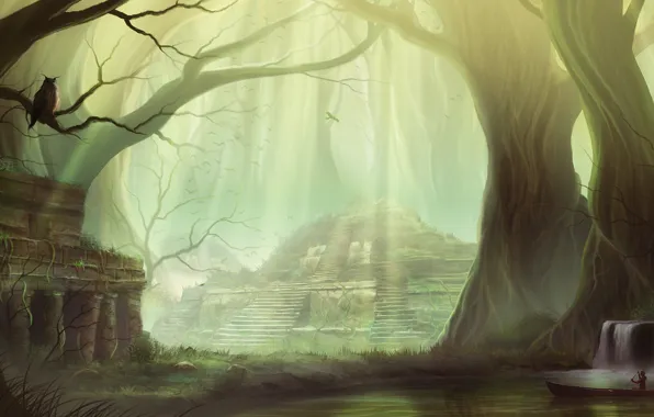 Деревья, лодка, храм, водоём, Lost Temple