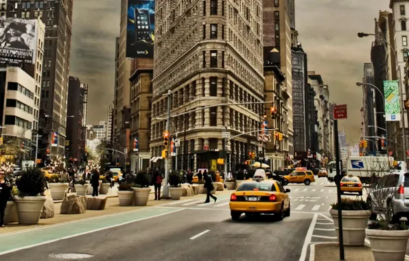 Люди, улица, дома, реклама, светофор, такси, Нью-йорк