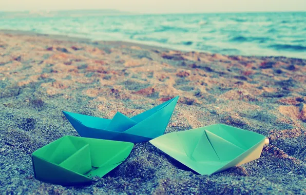 Картинка песок, море, обои, цветные, бумажные кораблики