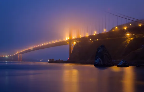 Картинка мост, огни, туман, Сан-Франциско, сумерки