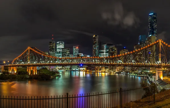 Картинка ночь, мост, огни, река, дома, Австралия, фонари, набережная