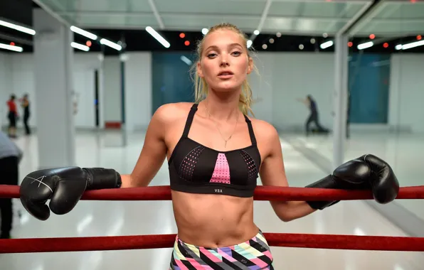 Girl, model, look, blonde, Elsa Hosk, gym, boxing gloves, boxing ring