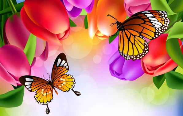 Бабочки, цветы, рисунок, тюльпаны, яркость